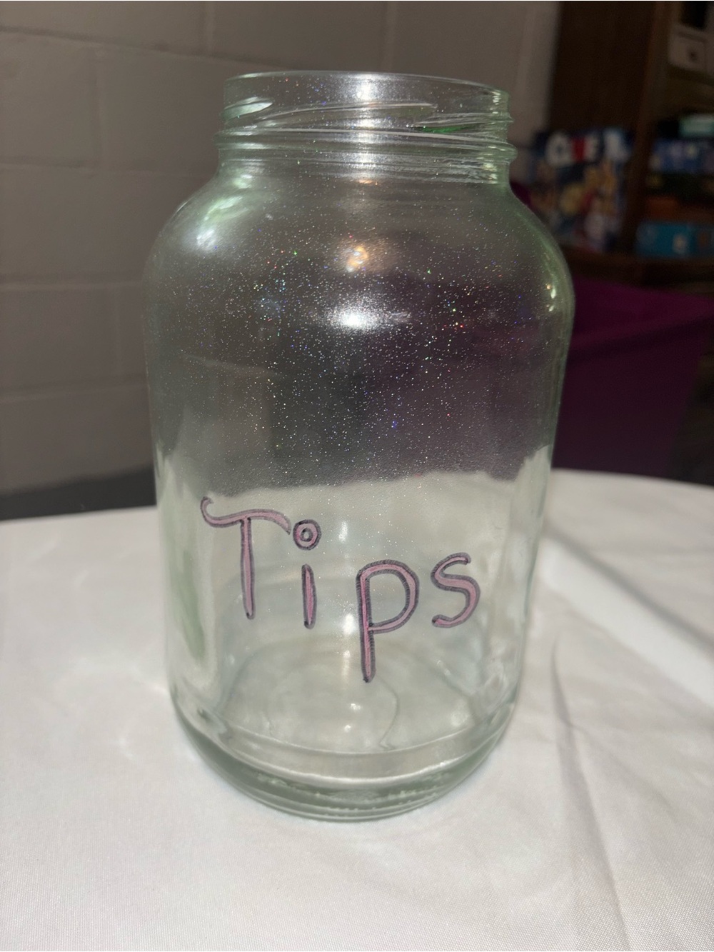 Custom Rainbow Glitter Tip Jar - Clear Glass with Pink Lettering